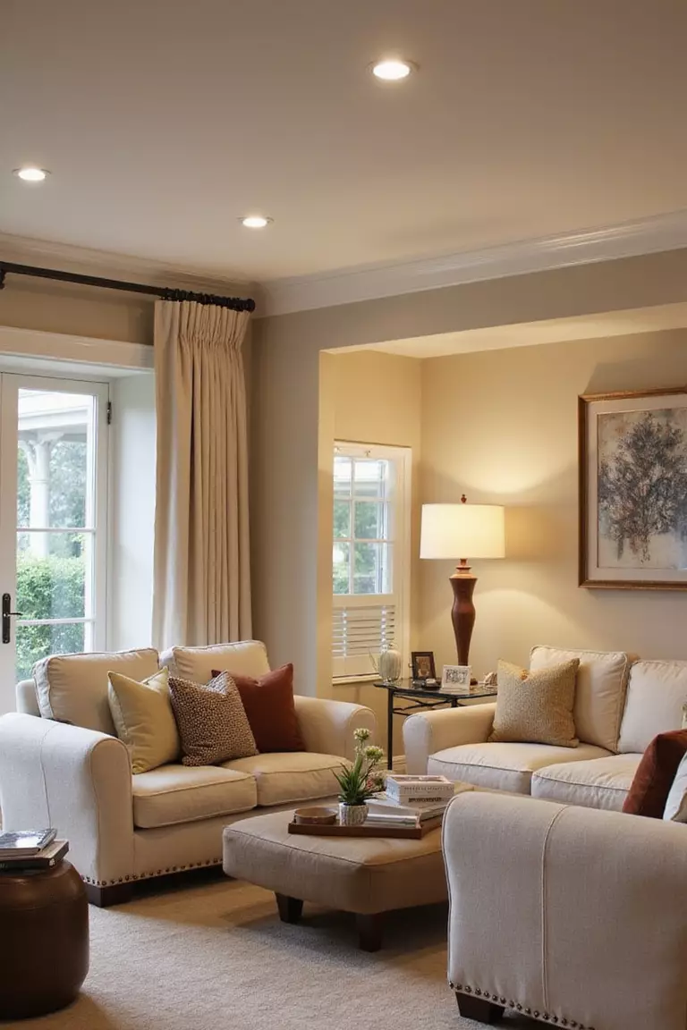 A professional photo, similar to a photo in a home design magazine, of a layered lighting scheme in a beige living room: recessed ceiling lights, a stylish floor lamp, and table lamps.