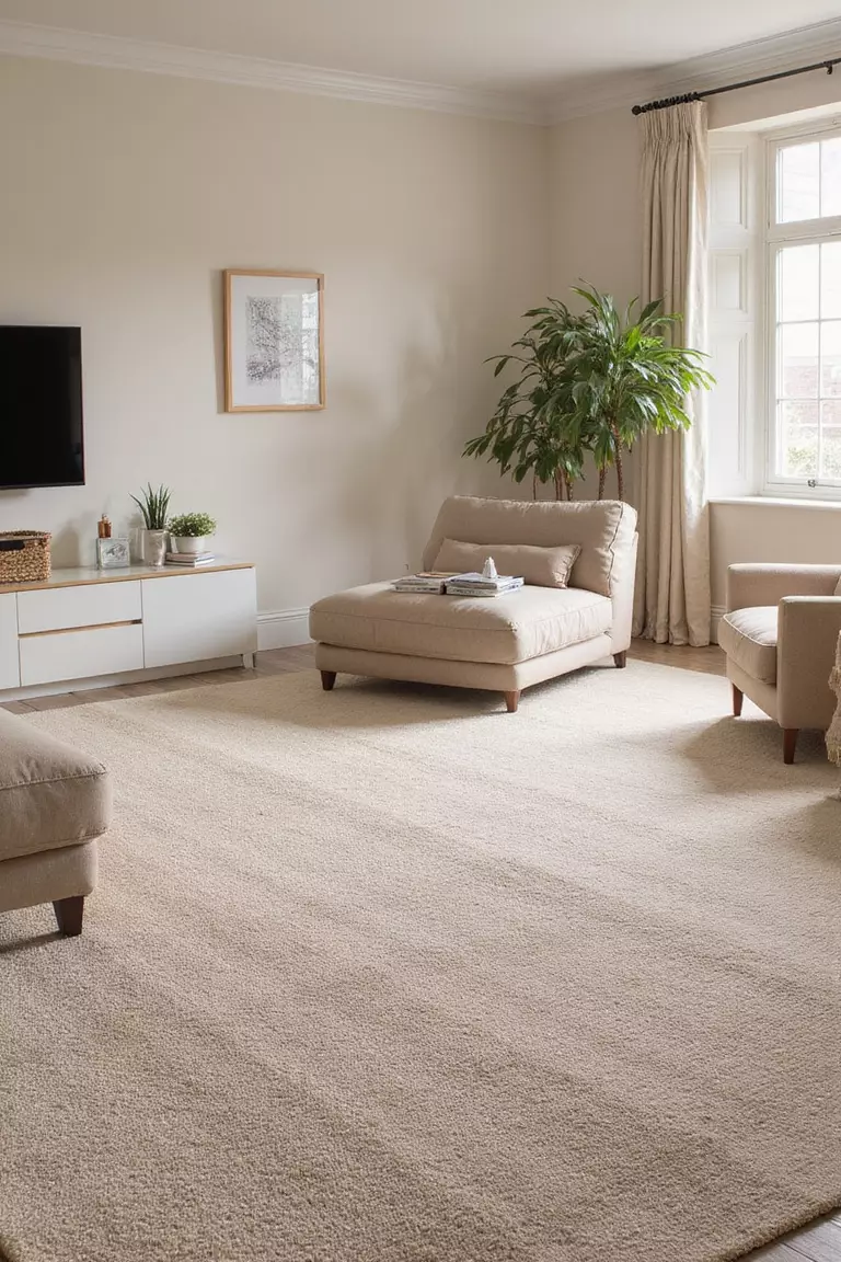A professional photo, similar to a photo in a home design magazine, of a beige living room centered around a large, textured beige area rug with a subtle high-low pile pattern.