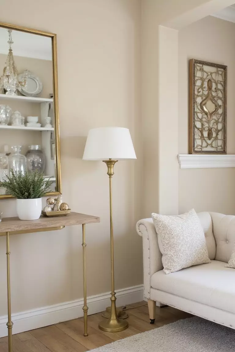 A professional photo, similar to a photo in a home design magazine, of a beige living room featuring brass lamp bases, a gold-framed mirror, and silver decorative objects on a shelf.