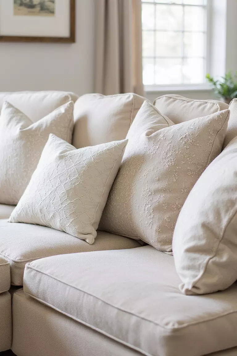A professional photo, similar to a photo in a home design magazine, of a beige sofa decorated with several throw pillows featuring geometric and subtle floral patterns in neutral tones.