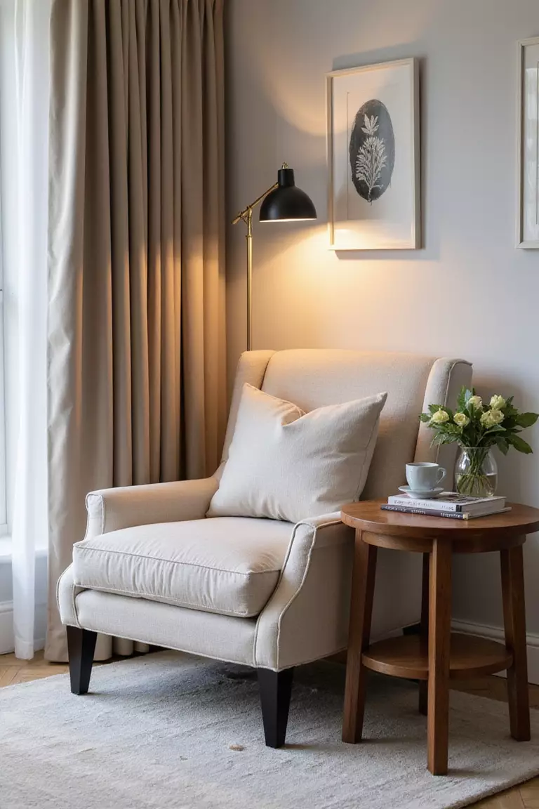Create A Small Reading Nook A professional photo, similar to a photo in a home design magazine, of a comfortable armchair tucked into a guest room corner with a floor lamp and a small side table.