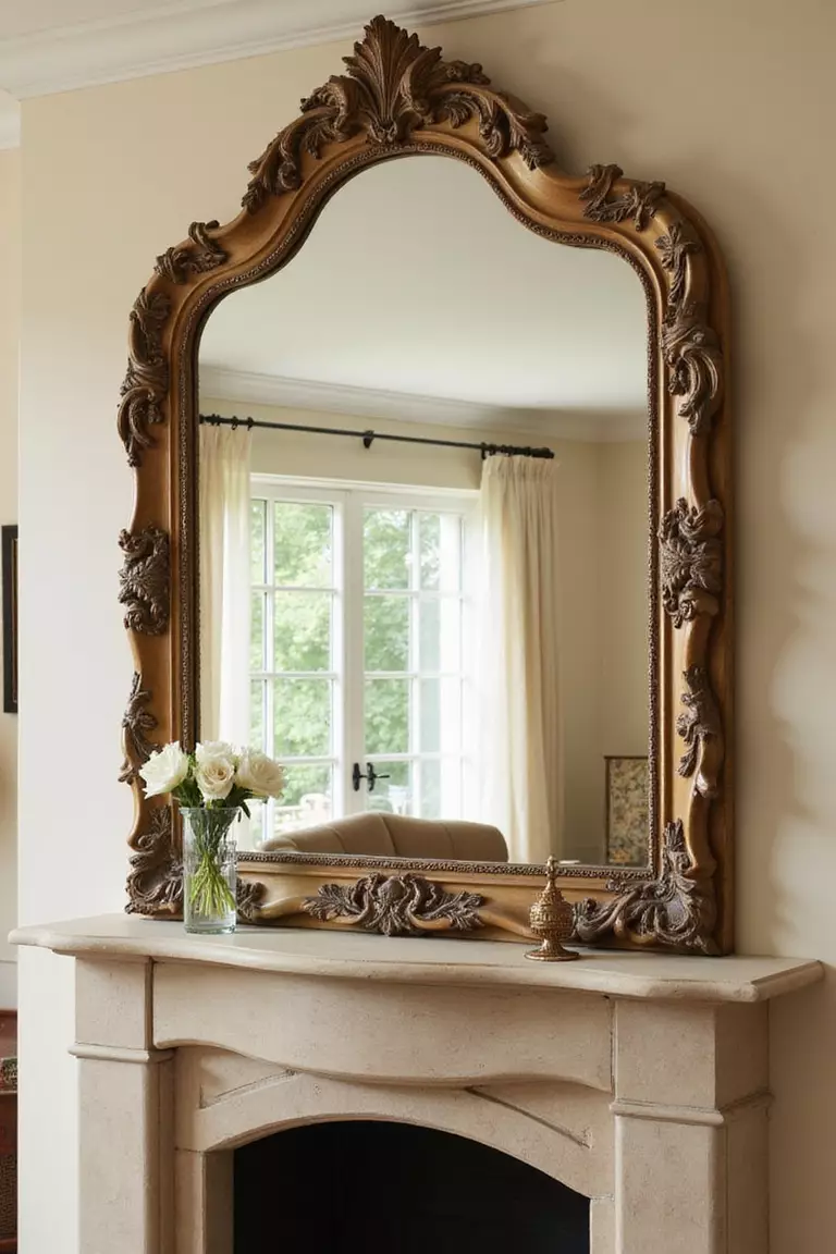 A professional photo, similar to a photo in a home design magazine, of a large, ornate mirror with a unique frame hanging above a fireplace in a beige living room, reflecting light.