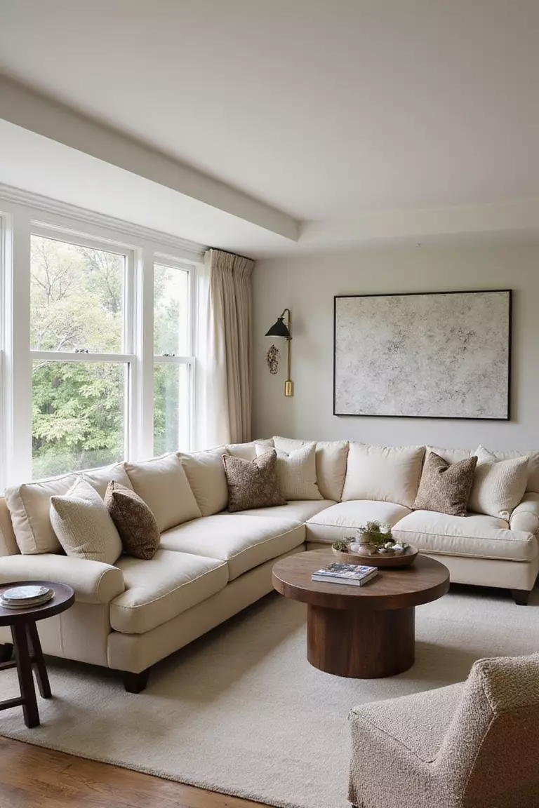 A professional photo, similar to a photo in a home design magazine, of a comfortable beige sectional sofa and matching armchairs dominating a stylish living room space.