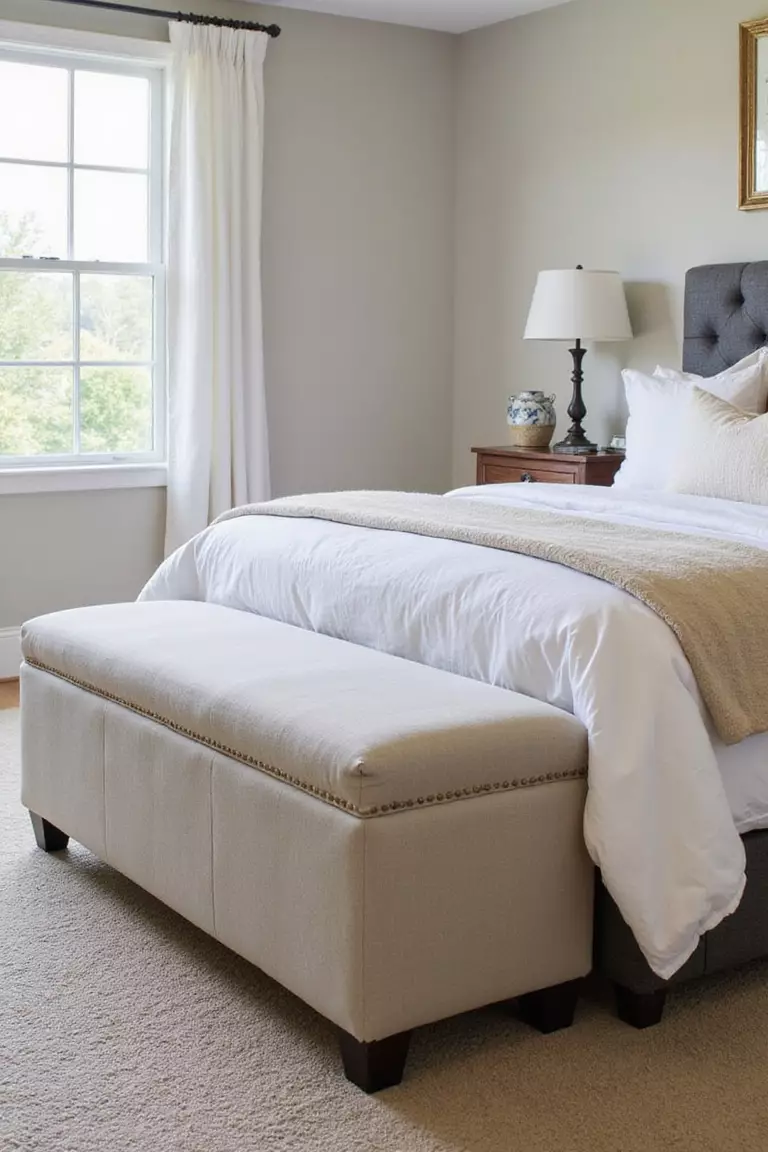 Place A Bench At The Foot Of The Bed A professional photo, similar to a photo in a home design magazine, of an upholstered storage bench placed neatly at the foot of a made guest bed in a cozy room.