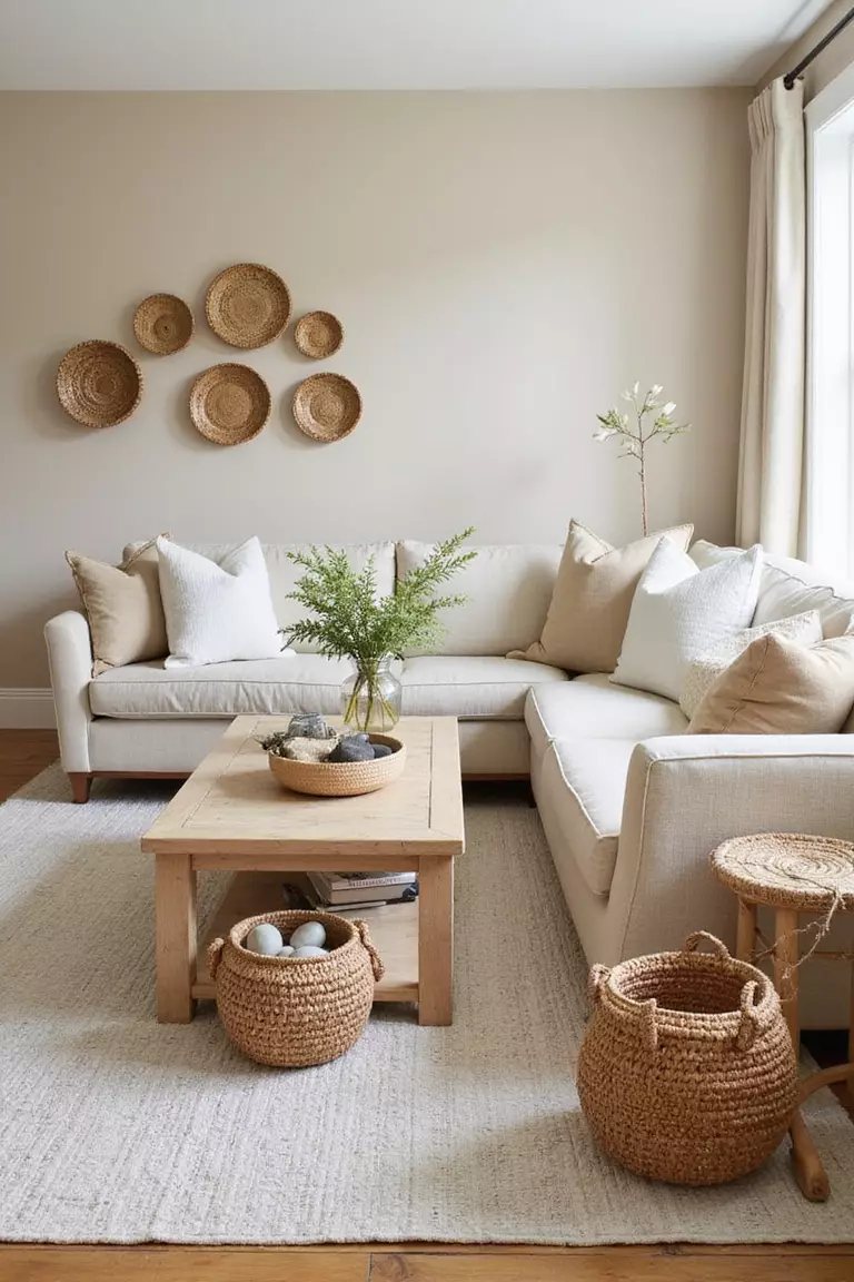 A professional photo, similar to a photo in a home design magazine, of a beige living room decorated with rattan baskets, stone coasters, and linen upholstery, emphasizing natural elements.