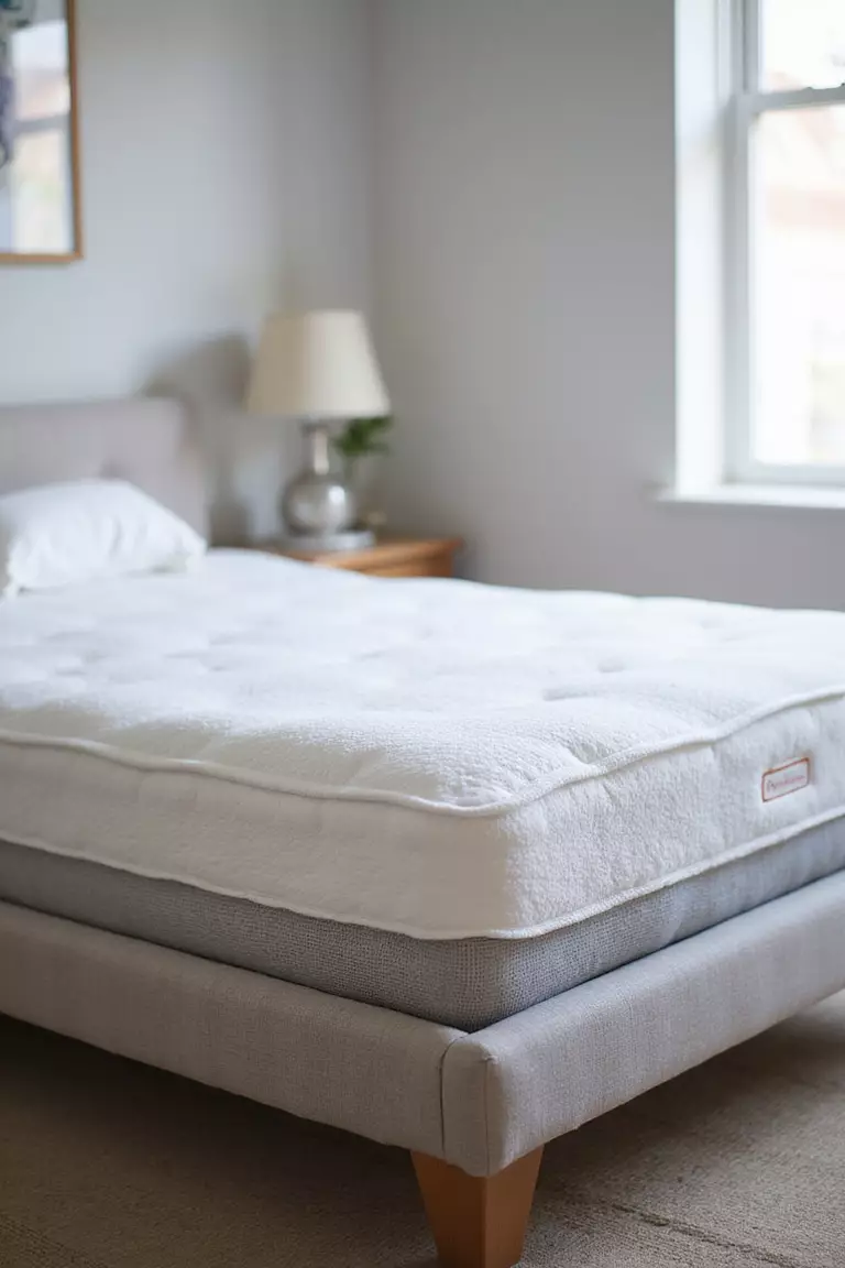 Invest In A Comfortable Mattress A professional photo, similar to a photo in a home design magazine, of a high-quality mattress with a plush pillow top visible, displayed on a simple bed frame in a bright room.
