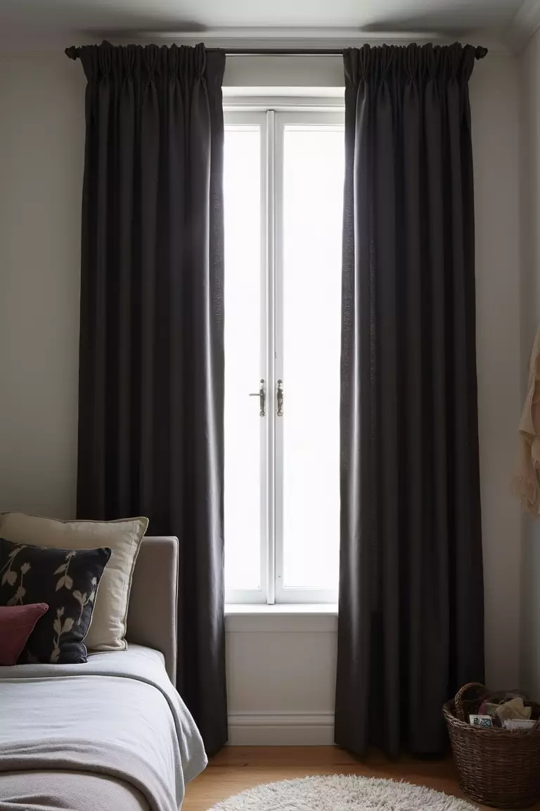 Hang Blackout Curtains A professional photo, similar to a photo in a home design magazine, of thick, dark blackout curtains drawn closed over a guest bedroom window, showing minimal light leakage.