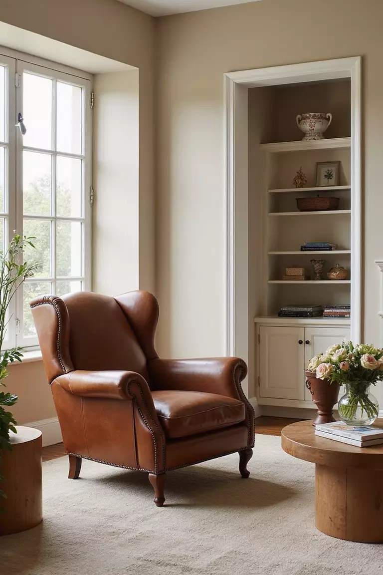 A professional photo, similar to a photo in a home design magazine, of a beige living room featuring a classic brown leather armchair providing a rich textural contrast.