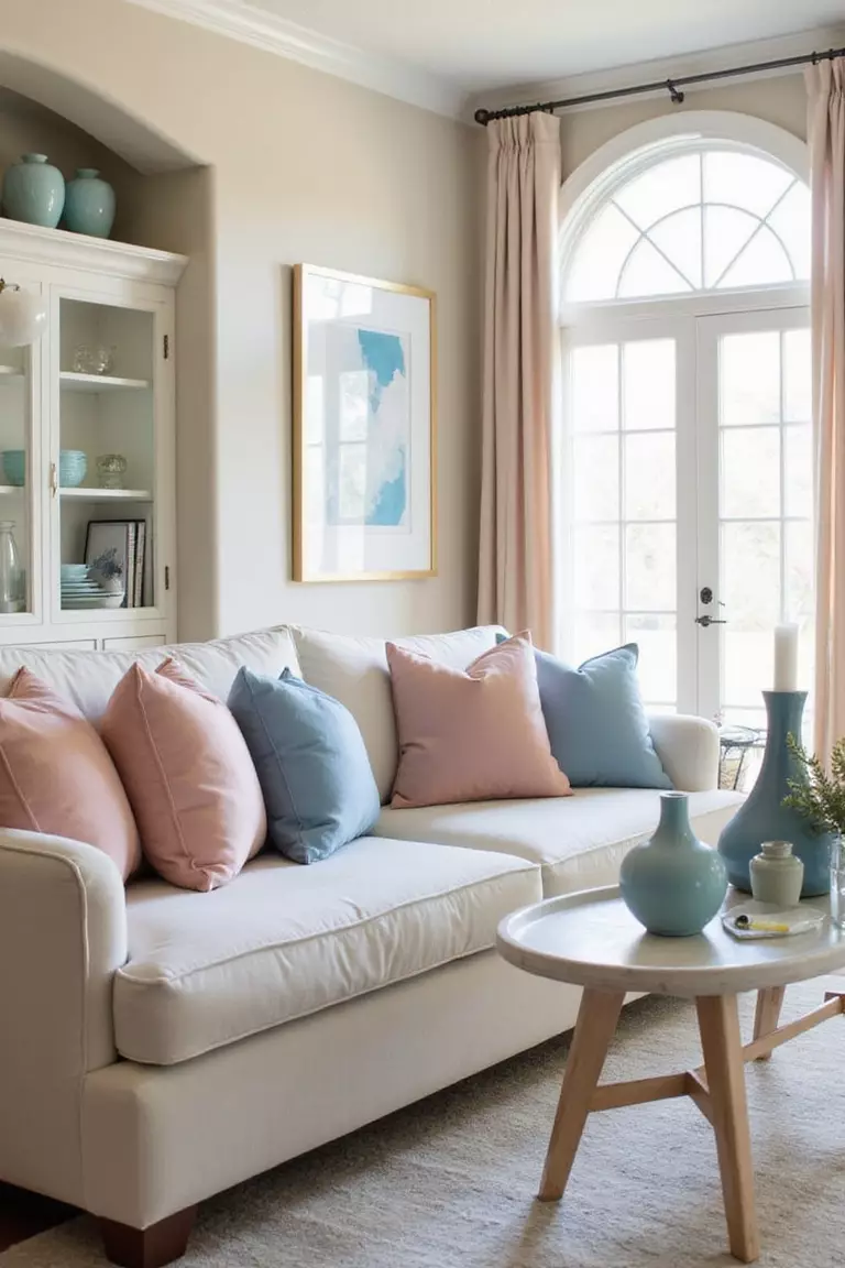 A professional photo, similar to a photo in a home design magazine, of a beige living room accented with soft blush pink and powder blue throw pillows and decorative vases.