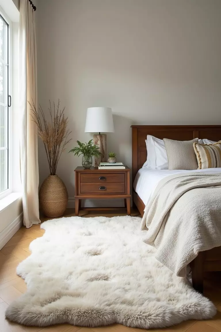Add Plush Rugs A professional photo, similar to a photo in a home design magazine, of a soft, plush area rug next to a guest bed.