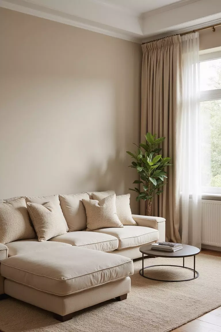 A professional photo, similar to a photo in a home design magazine, of a living room with all four walls painted a soft, warm beige hue, creating a neutral, enveloping backdrop.