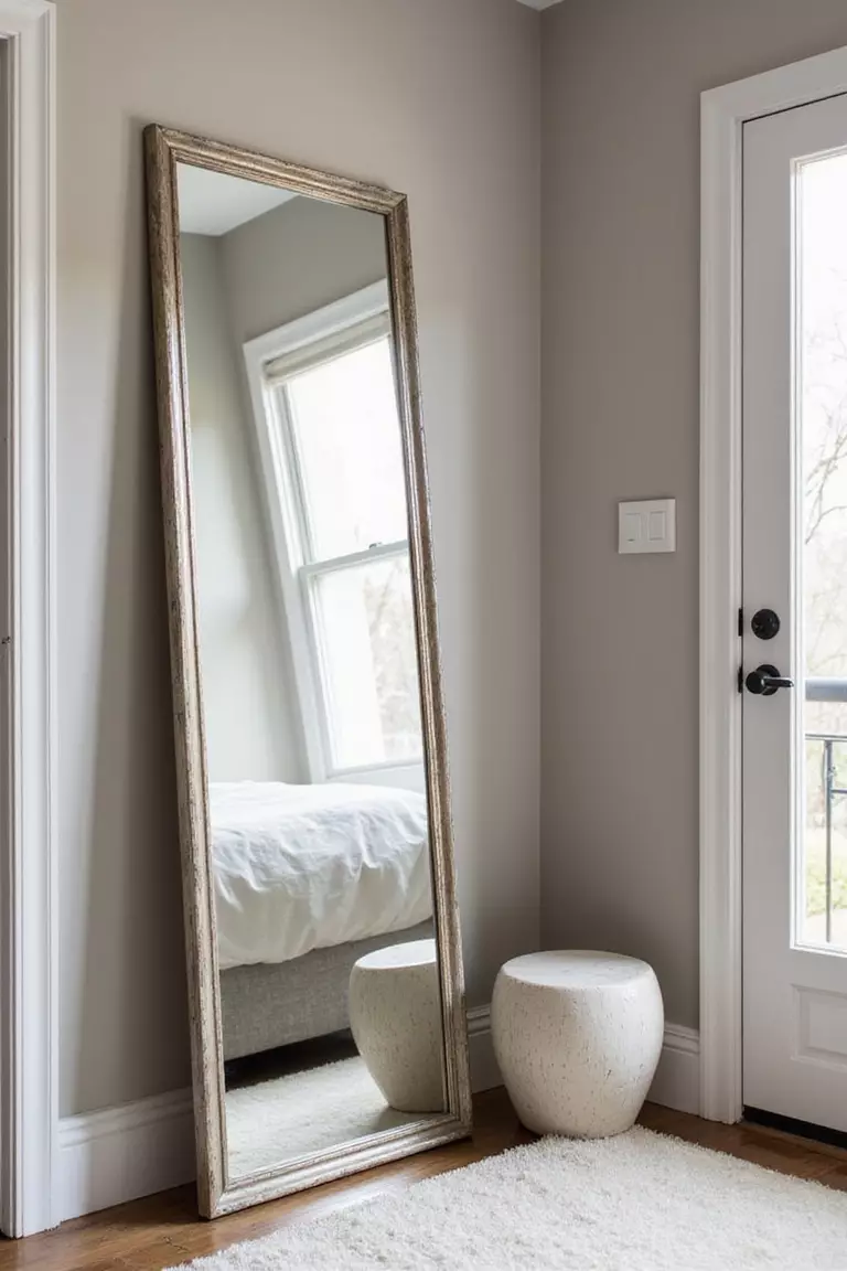 Include A Full-Length Mirror A professional photo, similar to a photo in a home design magazine, of a stylish full-length mirror leaning against a wall or mounted on a door inside a guest bedroom.