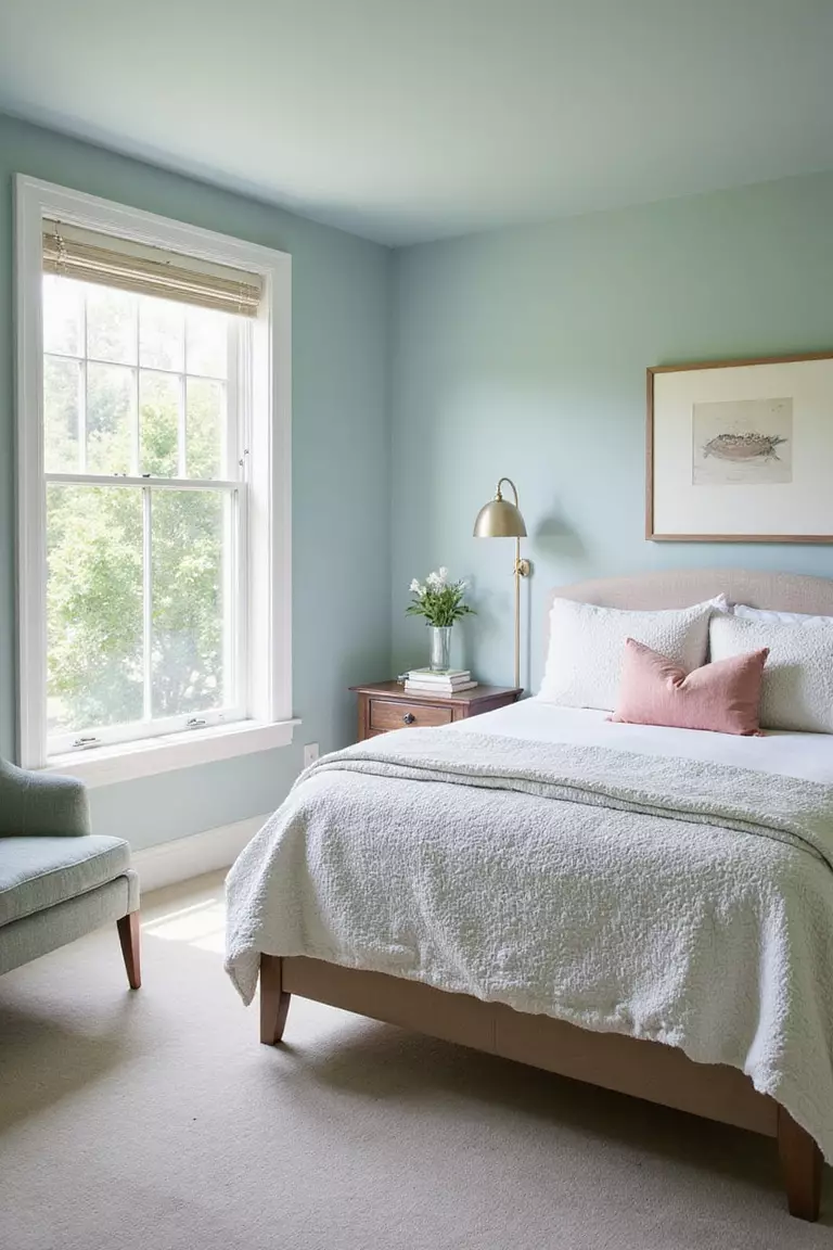 Use Calming Colors A professional photo, similar to a photo in a home design magazine, of a guest bedroom painted in soft, muted colors like pale blue or gentle sage green, creating a serene atmosphere.