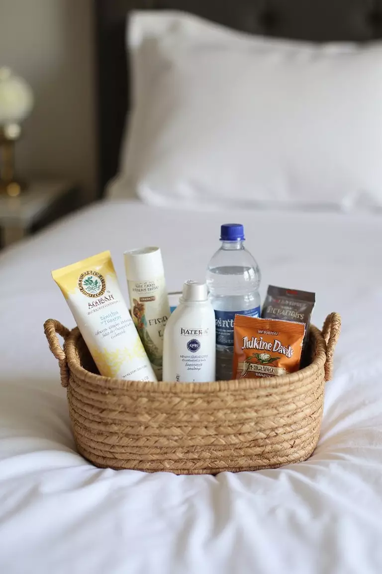 Prepare A Welcome Basket A professional photo, similar to a photo in a home design magazine, of a small woven basket on a guest bed containing travel-size toiletries, snacks, bottled water, and a handwritten note.