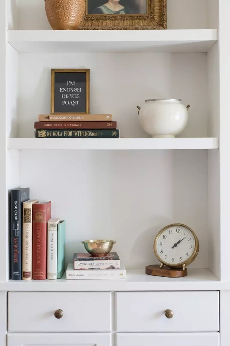 Add Personal Touches (Carefully) A professional photo, similar to a photo in a home design magazine, of a guest room shelf with a few interesting books, a small framed art print, and a decorative object.