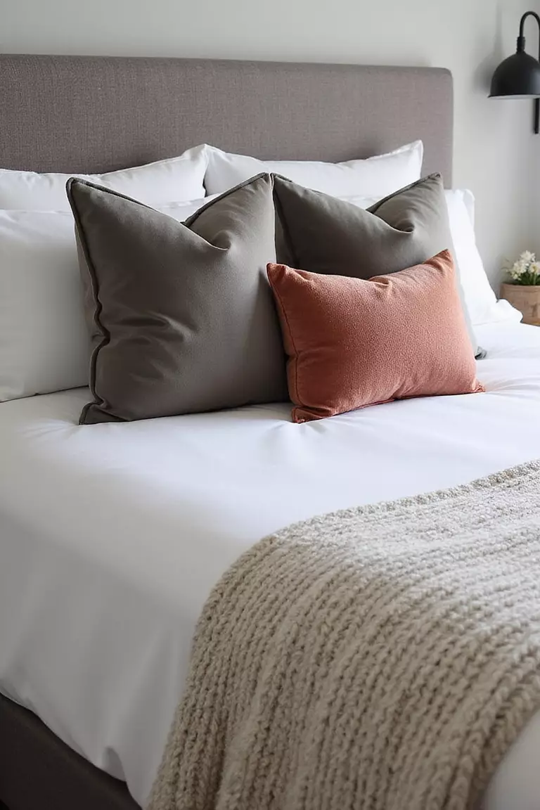 Layer Different Textures A professional photo, similar to a photo in a home design magazine, of a guest bed with a knit throw blanket, velvet accent pillows, and smooth cotton sheets contrasting textures.