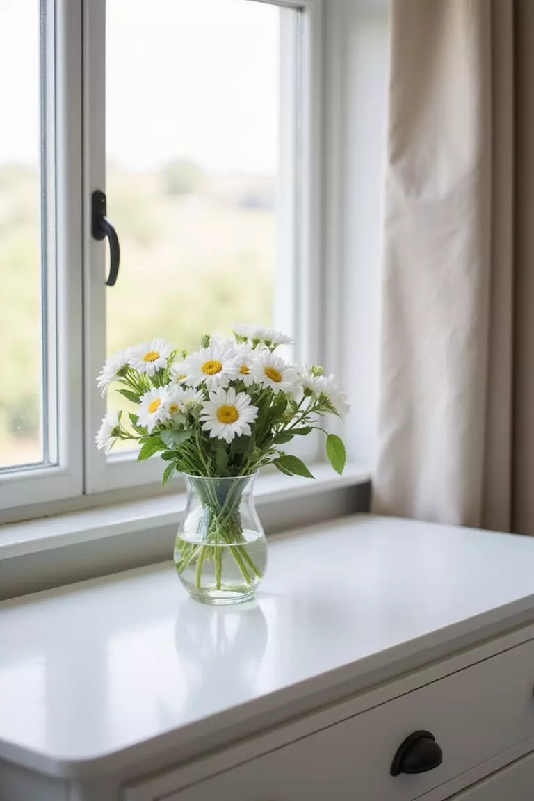 Include Fresh Flowers Or Plants A professional photo, similar to a photo in a home design magazine, of a small vase with fresh, simple flowers sitting on a guest room dresser next to a window.