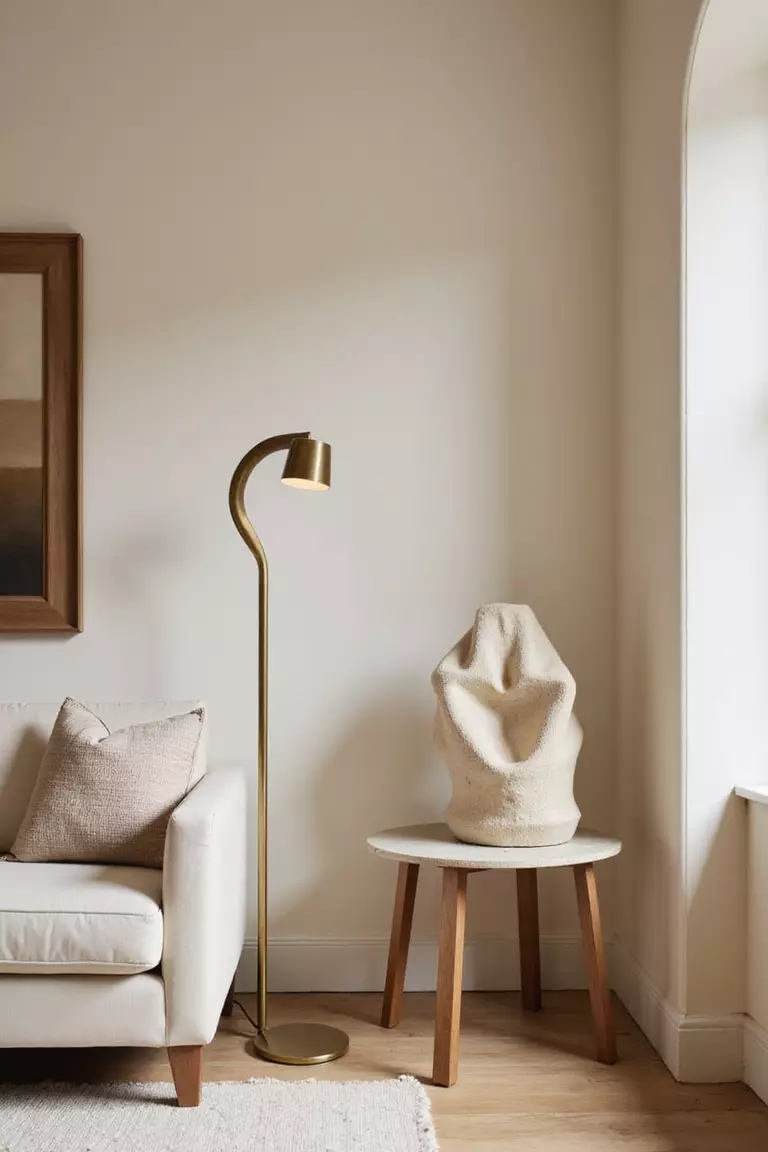 A professional photo, similar to a photo in a home design magazine, of a minimalist beige living room featuring a unique, curved floor lamp and an abstract ceramic sculpture on a side table.