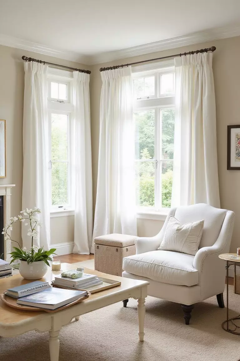 A professional photo, similar to a photo in a home design magazine, of a beige living room featuring crisp white trim, white sheer curtains, and white accent furniture pieces.