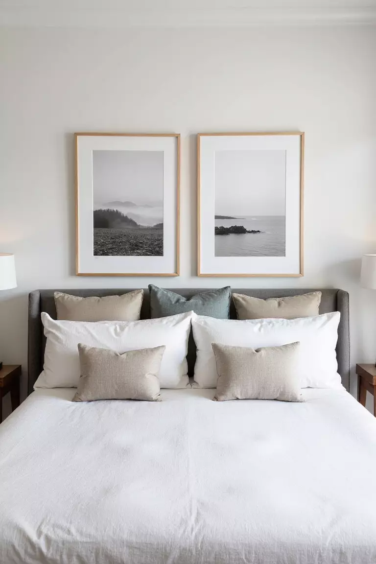 Hang Simple Wall Art A professional photo, similar to a photo in a home design magazine, of simple, calming landscape or abstract art prints framed and hung neatly above the headboard in a guest bedroom.