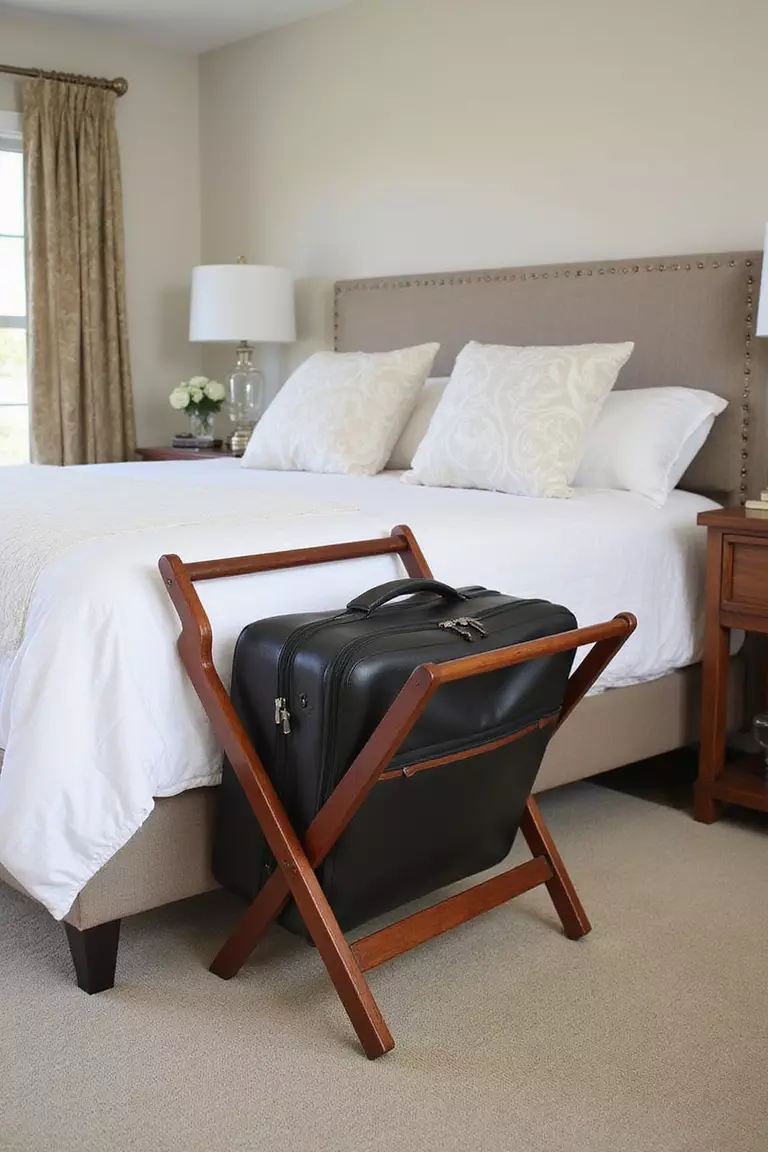 Provide A Luggage Rack A professional photo, similar to a photo in a home design magazine, of a wooden folding luggage rack placed at the foot of a guest bed, holding an open suitcase.
