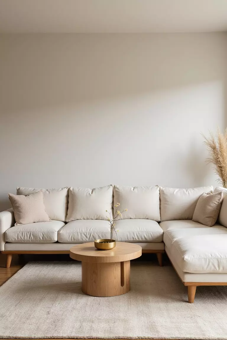 A professional photo, similar to a photo in a home design magazine, of a clean, uncluttered beige living room with simple furniture lines, minimal decor, and ample negative space.