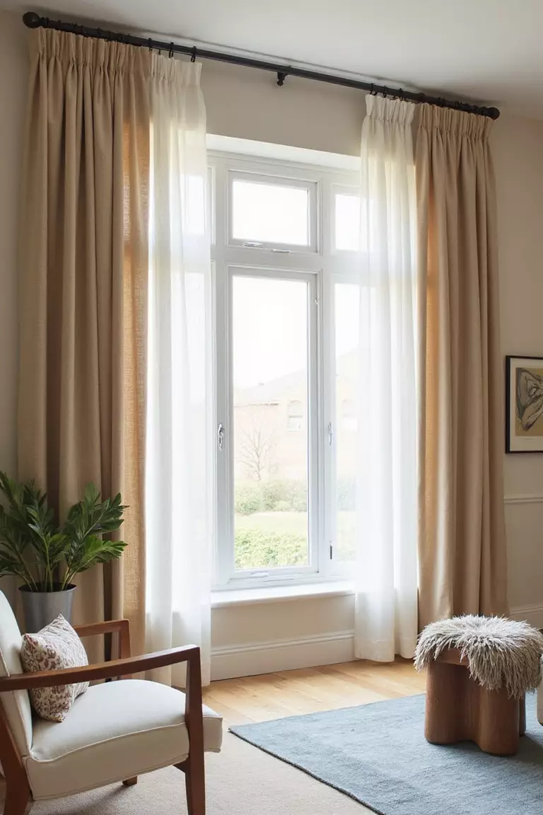 A professional photo, similar to a photo in a home design magazine, of elegant floor-to-ceiling beige curtains framing a large window in a living room, allowing soft light diffusion.