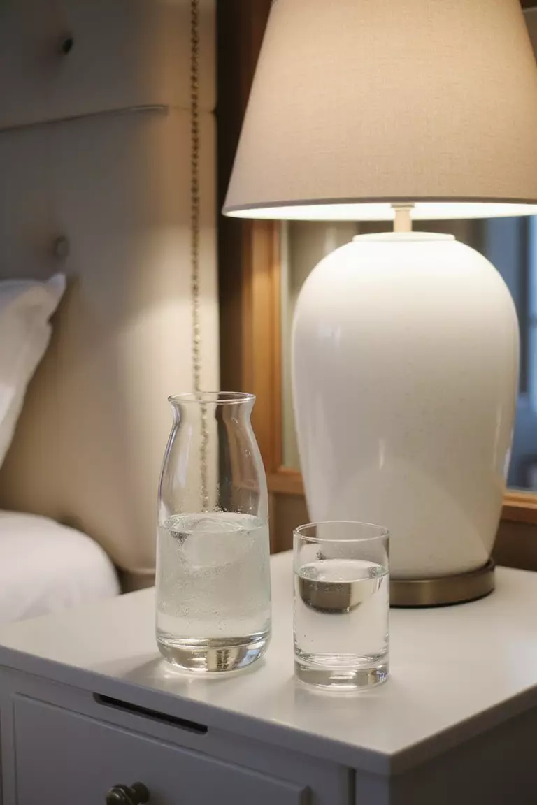 Offer A Bedside Water Carafe A professional photo, similar to a photo in a home design magazine, of a glass water carafe and matching tumbler sitting elegantly on a guest room nightstand next to a lamp.