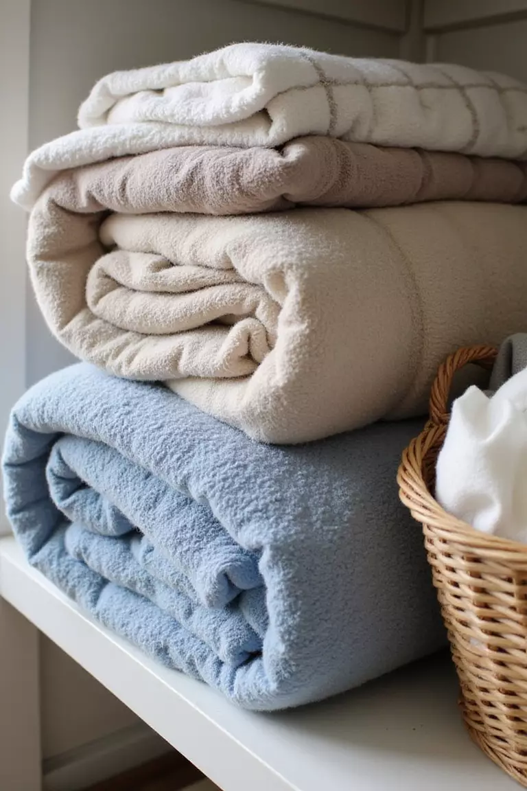 Keep Extra Blankets Handy A professional photo, similar to a photo in a home design magazine, of neatly folded blankets, including a quilt and a fleece throw, stacked on a shelf or in a basket.