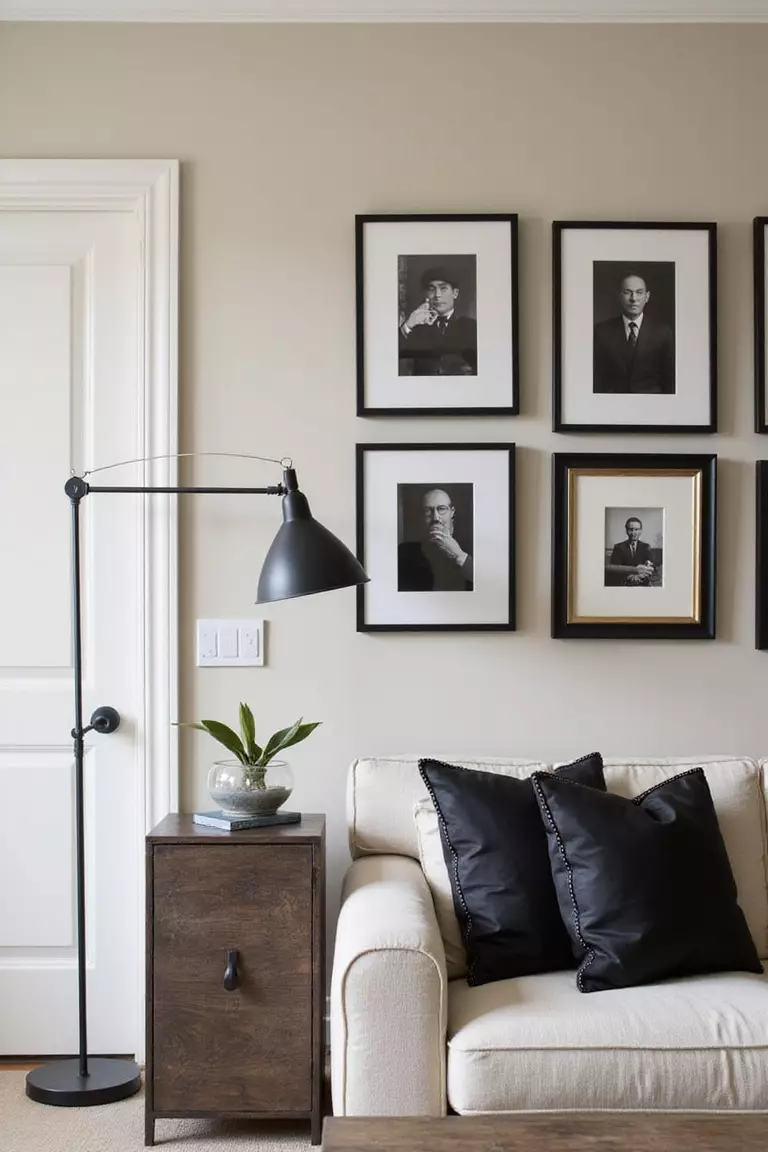 A professional photo, similar to a photo in a home design magazine, of a primarily beige living room with black picture frames, a black metal floor lamp, and black detailing on cushions.