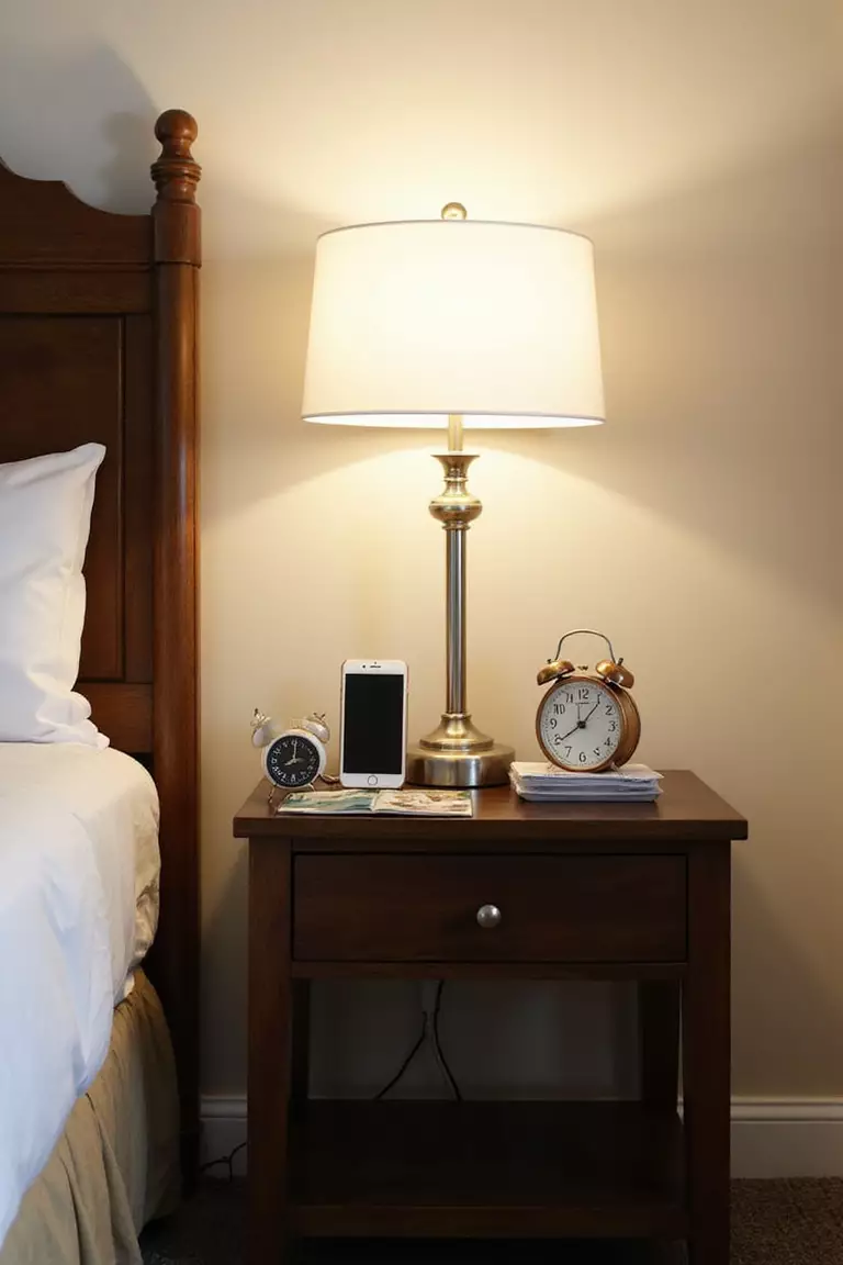Equip The Bedside Table A professional photo, similar to a photo in a home design magazine, of a guest room nightstand featuring a small lamp, an alarm clock, and a readily available phone charging station or outlet.