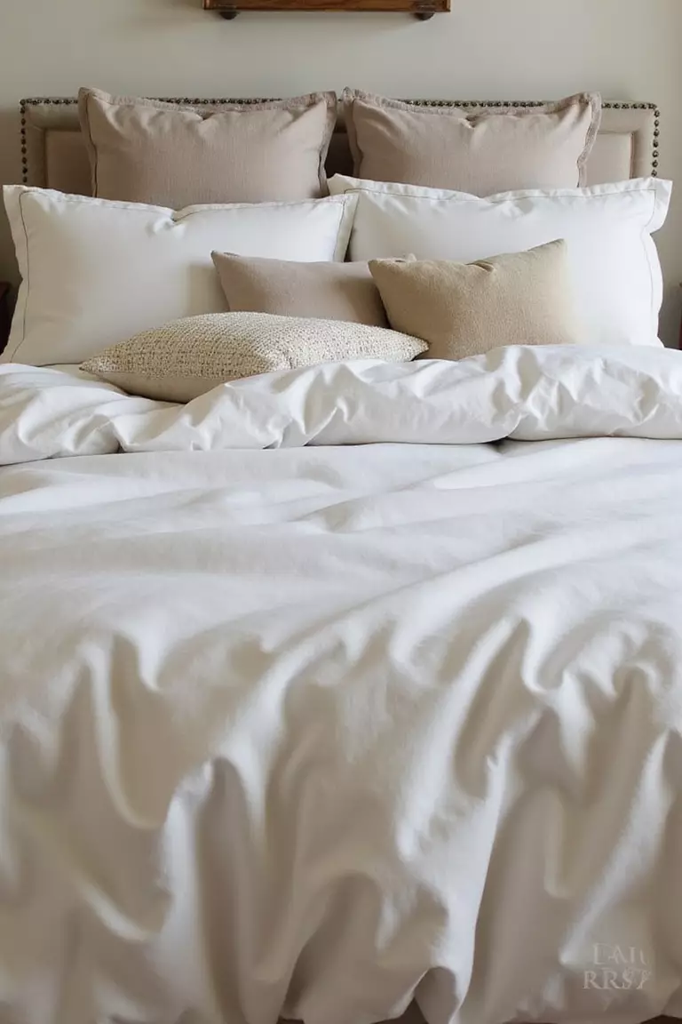 Choose Soft Bedding A professional photo, similar to a photo in a home design magazine, of a bed layered with soft, high-thread-count cotton sheets, a fluffy duvet, and multiple plush pillows in neutral tones.