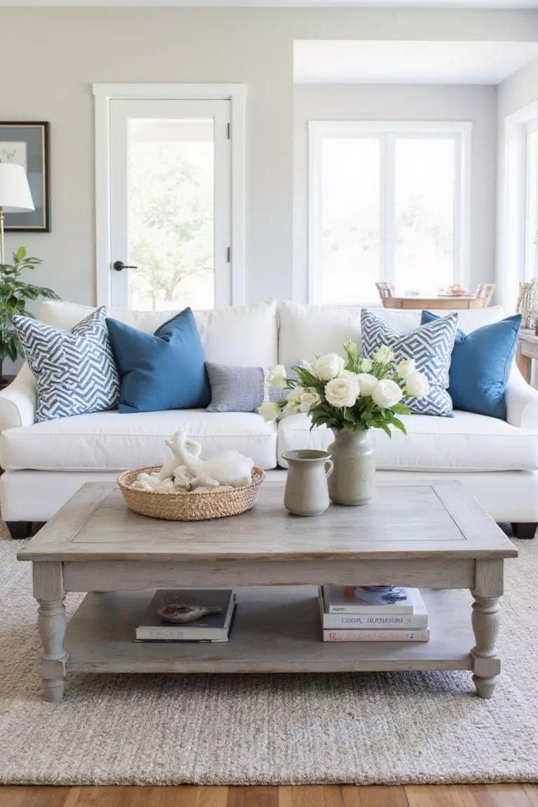 A professional photo, similar to a photo in a home design magazine, of a living room with a gray weathered wood coffee table, white sofa, blue pillows, and coastal accessories.