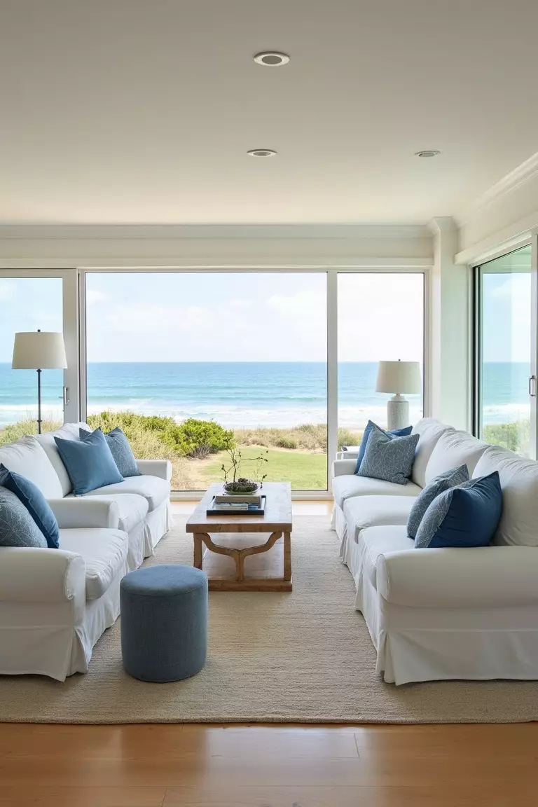 A professional photo, similar to a photo in a home design magazine, of a bright living room with blonde wood floors, white furniture, blue accents, and large windows showing beach views.