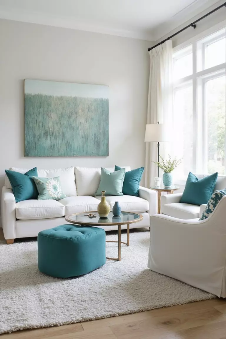 A professional photo, similar to a photo in a home design magazine, of a neutral living room with pops of aqua in throw pillows, vases, and art, plus white furniture and natural textures.