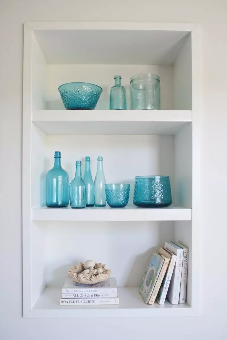 A professional photo, similar to a photo in a home design magazine, of white open shelves displaying blue glassware, shells, driftwood pieces, and coastal books against a light wall.