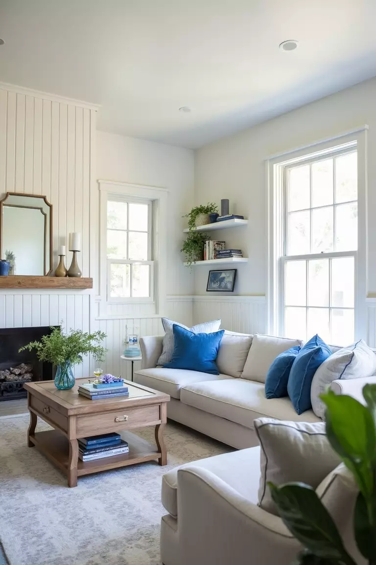 A professional photo, similar to a photo in a home design magazine, of a cozy living room with white beadboard wall paneling, comfortable furniture, blue accessories, and natural light.
