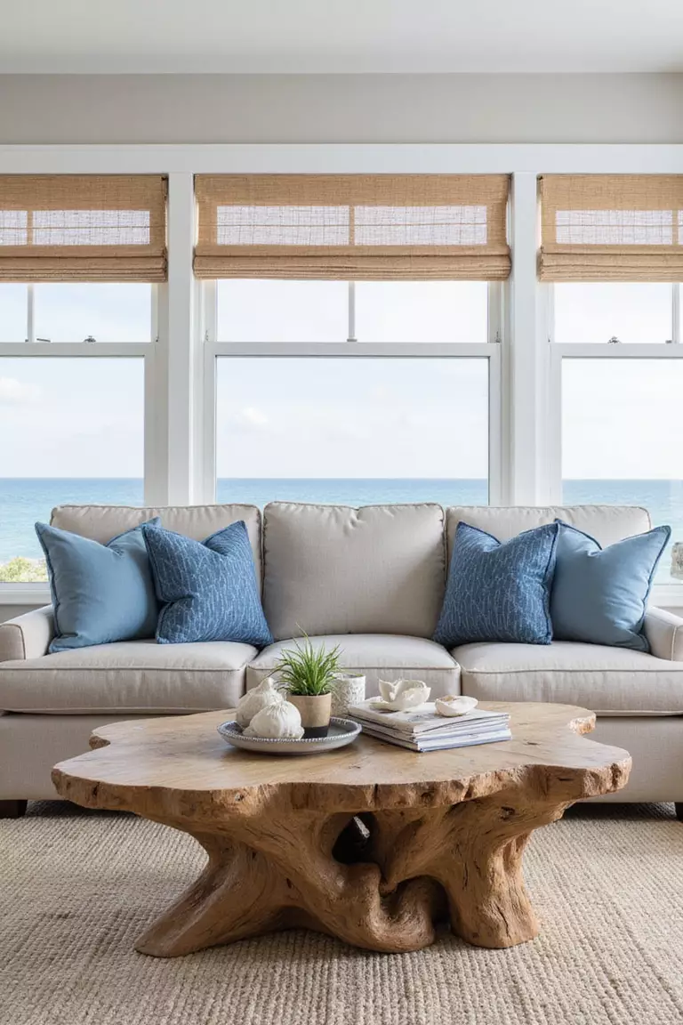 A professional photo, similar to a photo in a home design magazine, of a coastal living room featuring a large driftwood coffee table, neutral sofa, blue throw pillows, and shell decor.