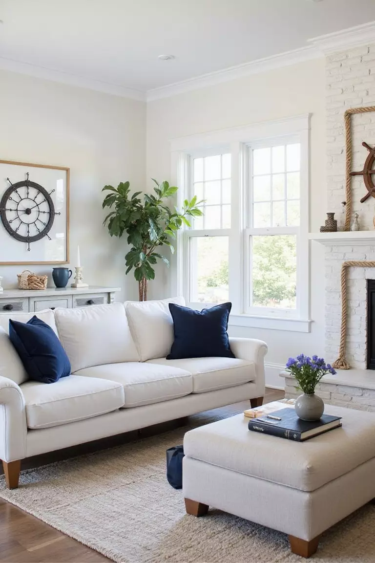 A professional photo, similar to a photo in a home design magazine, of a stylish living room with subtle nautical touches like rope details, a ship wheel clock, navy accents, and white furniture.