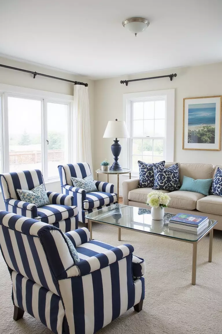 A professional photo, similar to a photo in a home design magazine, of a sunny living room with navy and white striped chairs, beige sofa, glass coffee table, and coastal wall art.