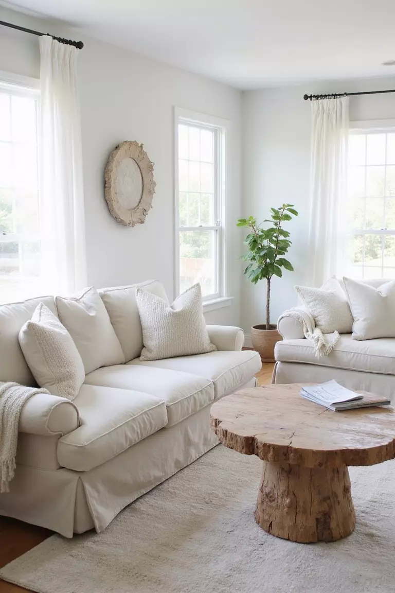 A professional photo, similar to a photo in a home design magazine, of a light-filled living room with linen sofa, cotton throw pillows, natural wood table, and minimal coastal decor.