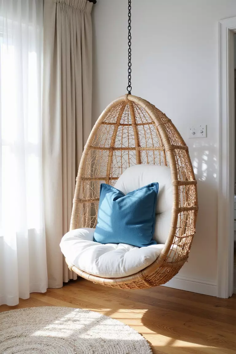 A professional photo, similar to a photo in a home design magazine, of a living room corner with a hanging rattan chair, white cushion, blue throw pillow, and natural light streaming in.