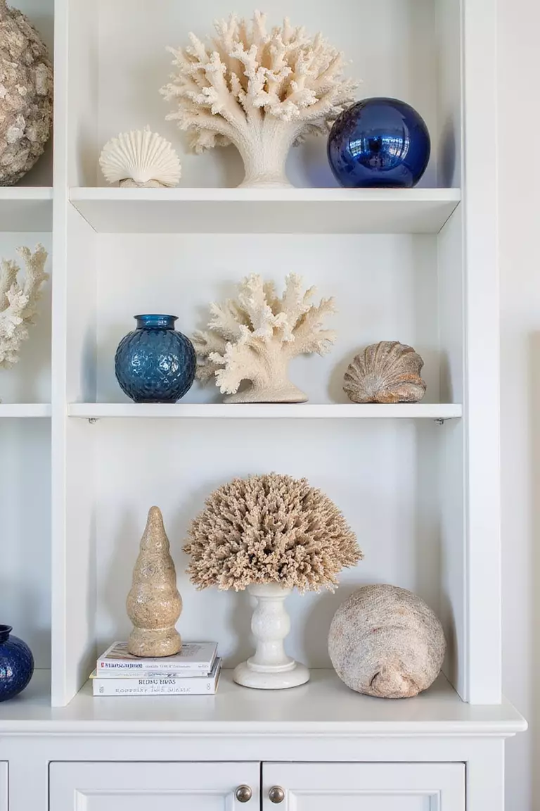 A professional photo, similar to a photo in a home design magazine, of a living room shelf with artfully arranged coral specimens, various shells, and blue glass accents against white walls.