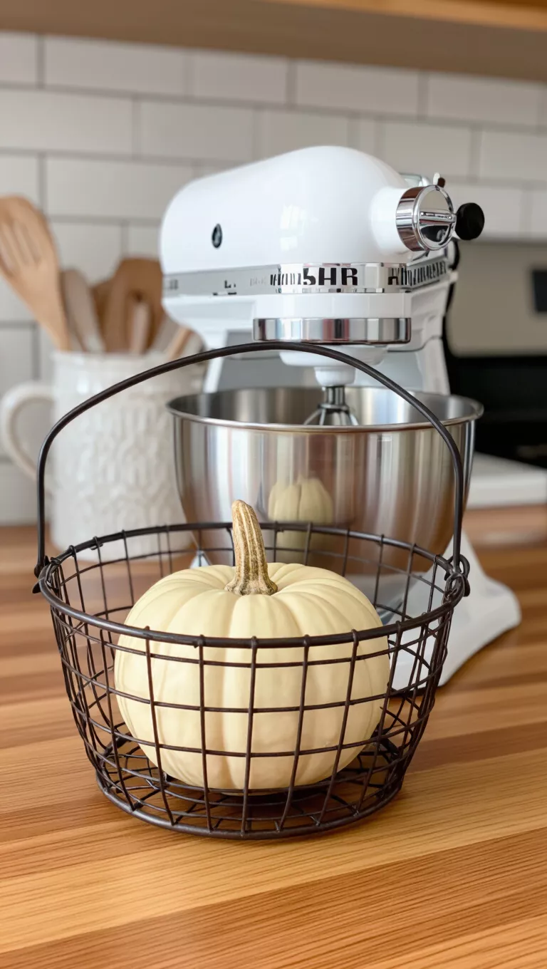 A photo of a small white pumpkin sitting inside a decorative wire basket on a kitchen counter, next to a stand mixer.