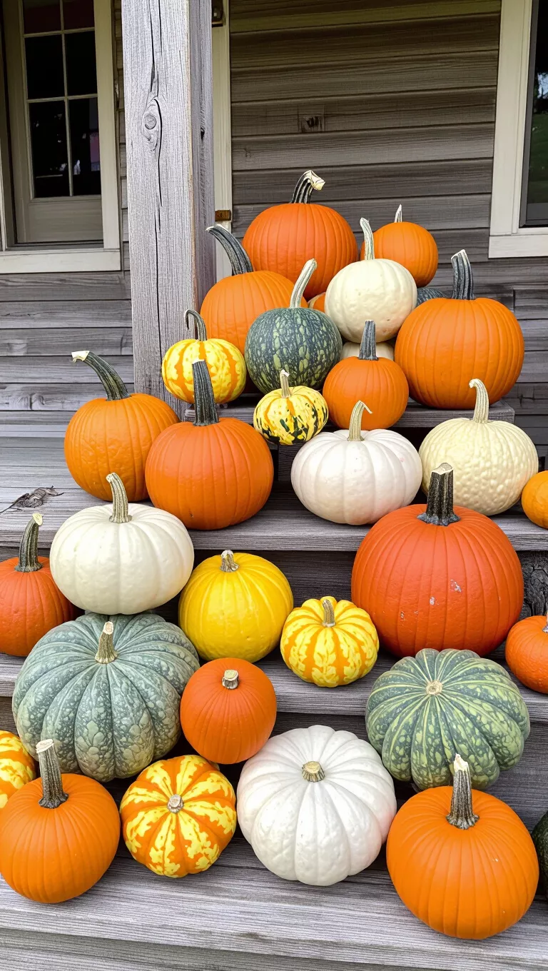 A photo of a diverse collection of pumpkins and gourds in various sizes, shapes, and colors, artfully arranged on a rustic wooden porch.