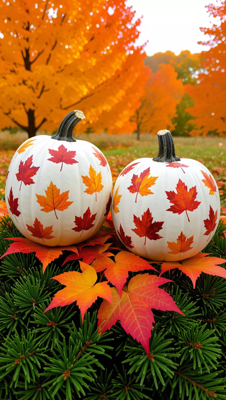 A photo of two decorative white pumpkins with patterns of colorful autumn leaves are displayed against a vibrant orange and yellow fall foliage background.