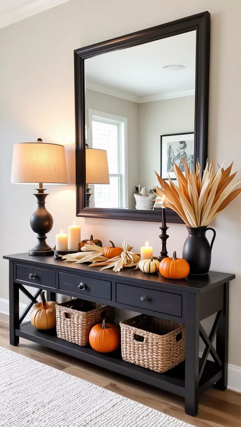A photo of a dark wood console table with candles, corn husks, small pumpkins, a warm-toned lamp, and a large mirror.