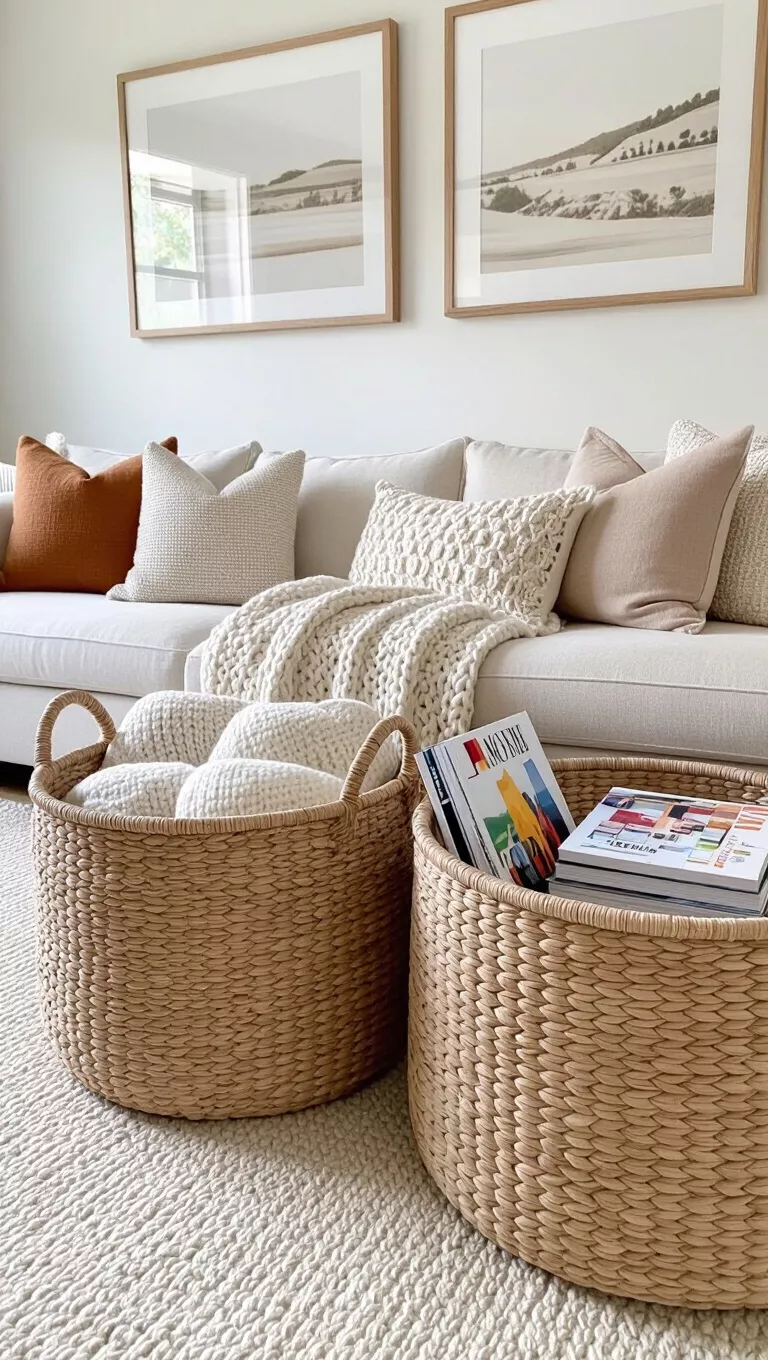 Woven Baskets for Storage A photo of a living room with two large woven baskets, one holding extra throws and another filled with magazines and a small stack of books.