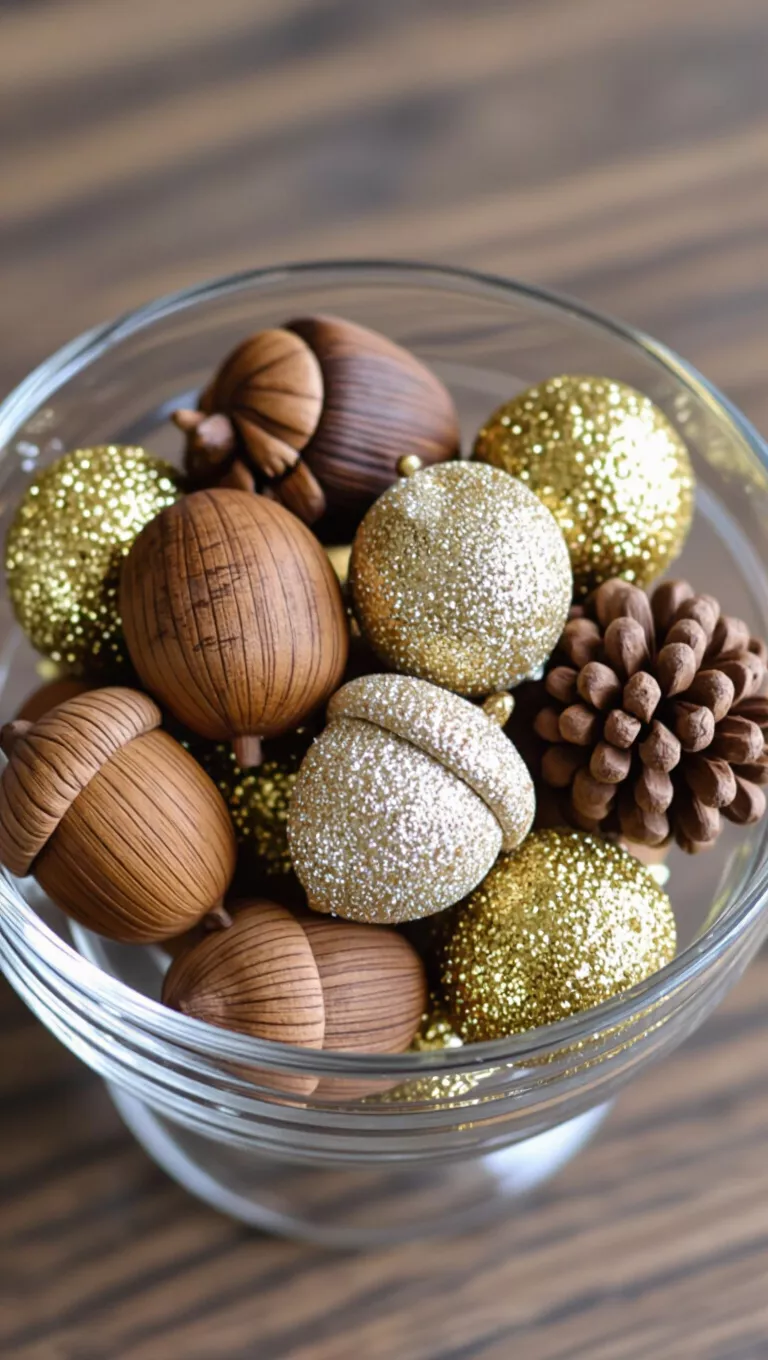 A photo of a collection of decorative acorns, some appearing natural wood and others sparkling with gold glitter, are arranged in a clear glass bowl on a wooden surface.