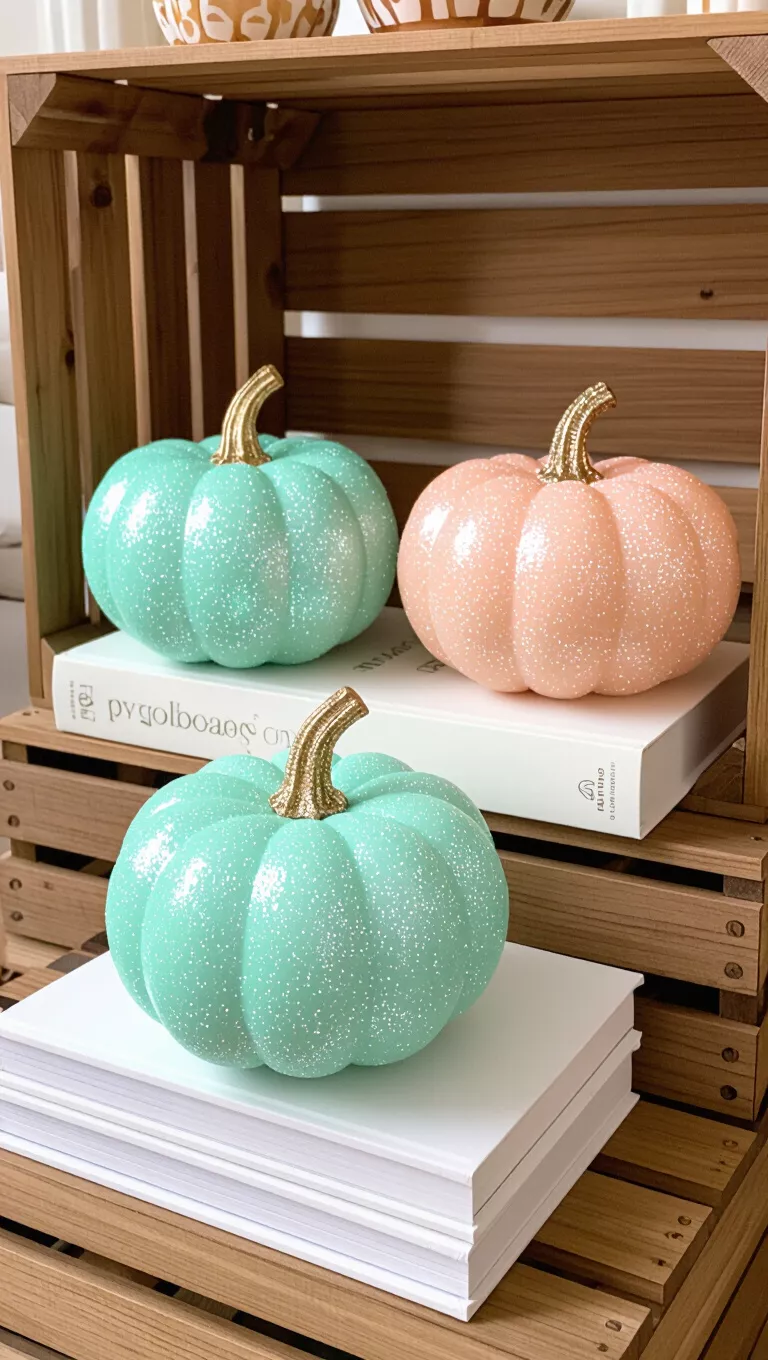 A photo of three decorative, glitter-covered pumpkins in pastel shades of mint green, pale orange, and light blue arranged on stacked white books and a wooden crate.